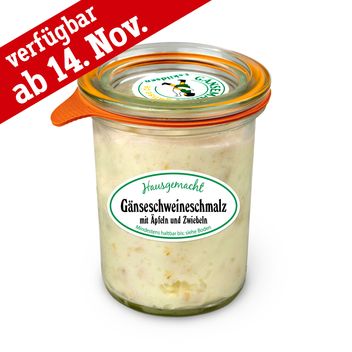 Gänseschmalz hausgemacht aus der Hofküche Eskildsen Gänsemarkt Wermsdorf, Schmalz mit Äpfeln und Zwiebeln, enthält Schweineschmalz. Das Schmalz ist ein deftiger Brotaufstrich und eignet sich zum Braten, Sautieren und Schmoren, es ist äußerst hitzebeständig. Die Spezialität wird im nachhaltigen und recyclebaren Glas angeboten und können Sie online im Lecker-Shop oder direkt im Hofladen auf der Gänsefarm kaufen.