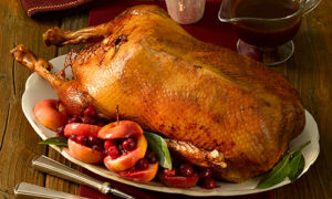 Gänsebraten zum Martinstag zu Ehren des heiligen Martin. Zum Martinsgansessen gibt es einen knusprig goldbraun gebratenen Gänsebraten, festlich angerichtet mit Äpfeln und Kirschen