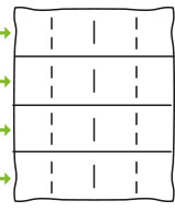 Schwarzweiße Zeichnung der Steppung für eine Bettdecke mit 4-Kammerstepp. Dieses Bett ist in 4 gleich große Kammern in Querrichtung geteilt und mit jeweils 3 Innenstegen versehen um für die gleichmäßige Verteilung der Daunen zu sorgen und damit das Entstehen von Kältezonen zu verhindern. Die Innenstege sind 3cm hoch (bei der 1.100g-Variante sind sie 7cm hoch), somit wird die Füllung optimal verteilt.